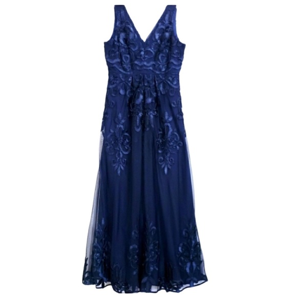 NWT Belle Bagley Mischka Navy Ribbon Embroidered Tulle Gown - Sz 8